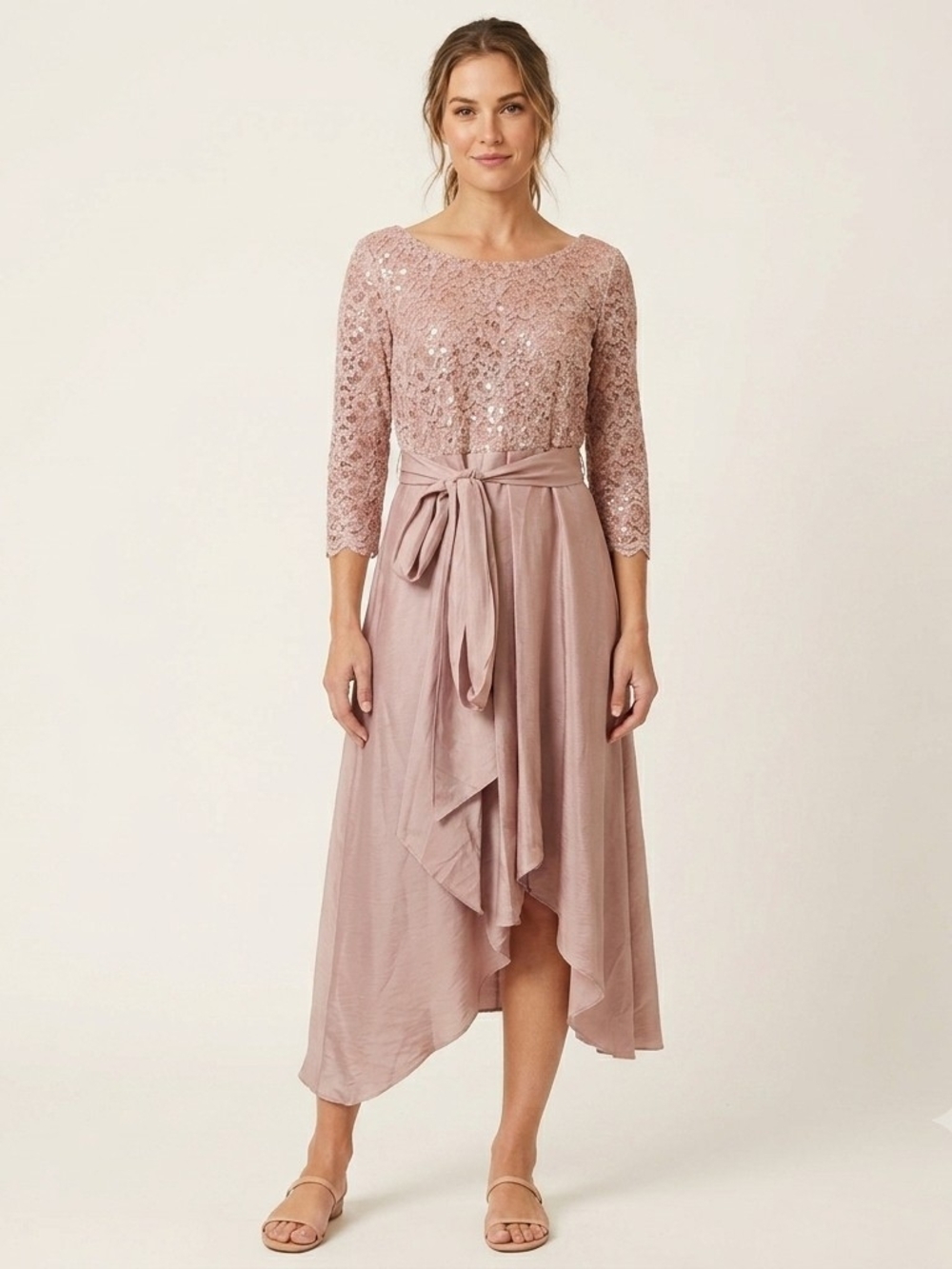 R&M Richards Dusty Rose Lace & Satin Asymmetrical Midi Dress Size 12